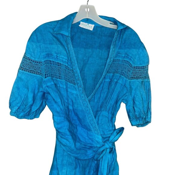 Marina St. Barth Turquoise ocean blue LINEN wrap broderie anglaise maxi dress M - Picture 3 of 3